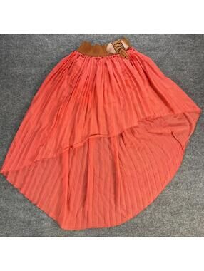 BB Couture Coral Pleated High-Low Skirt Brown Waistband Small High-Low Boho Asym
